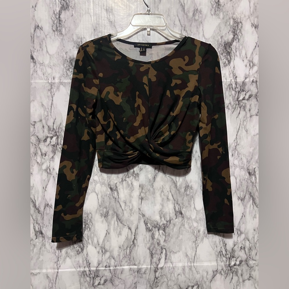 Camo Brown and Green Crop Tie Front Blouse